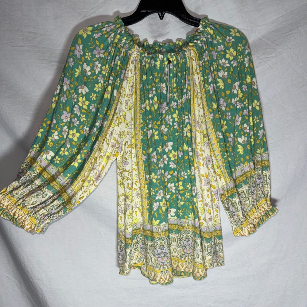 Green Yellow Floral Paisley Boho Smocked Peasant Blouse Womens Size Medium